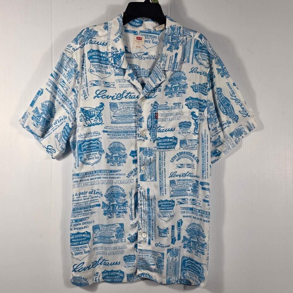 Levis Mens Relaxed Fit Short Sleeve Heritage Print Camp Shirt Blue White S - Picture 3 of 10